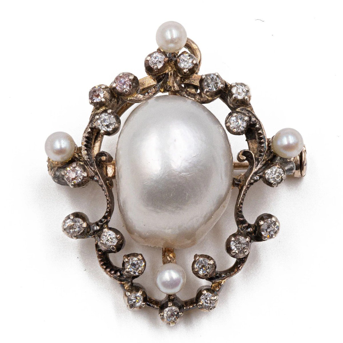 Broche/pendentif En Or Jaune 14k Et Argent Avec Perle Mabé Blanche, Perles Blanches Et Diamants