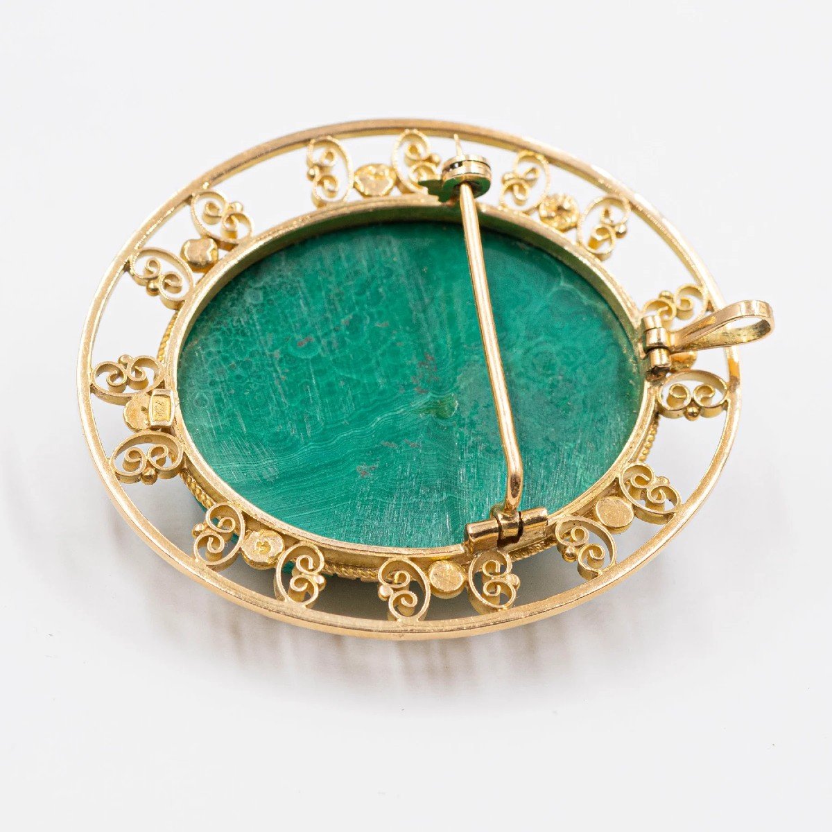 Vintage 18k Yellow Gold Pendant/brooch With Malachite Cameo, 60s-photo-2