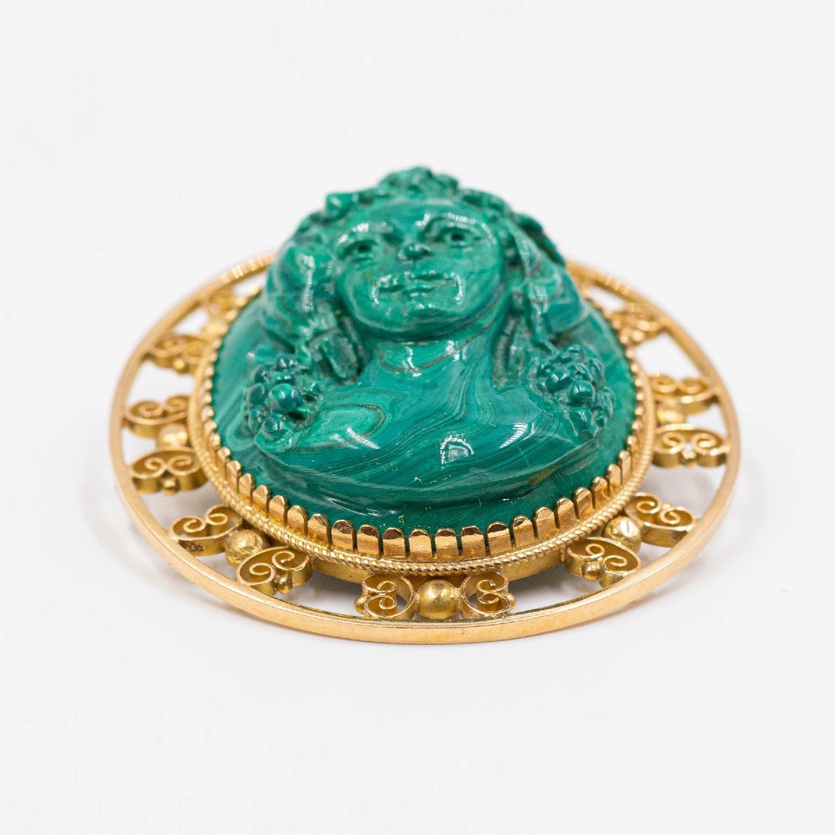 Vintage 18k Yellow Gold Pendant/brooch With Malachite Cameo, 60s-photo-3