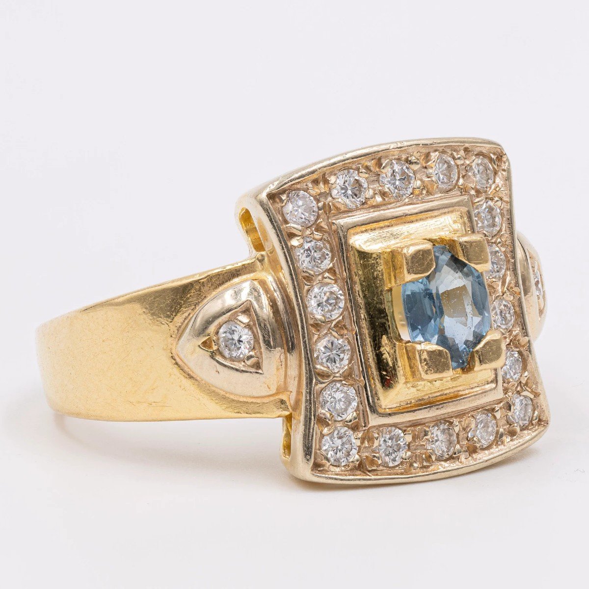 Bague Vintage En Or Jaune 18k Avec Topaze (environ 0.40ct) Et Diamants -photo-3