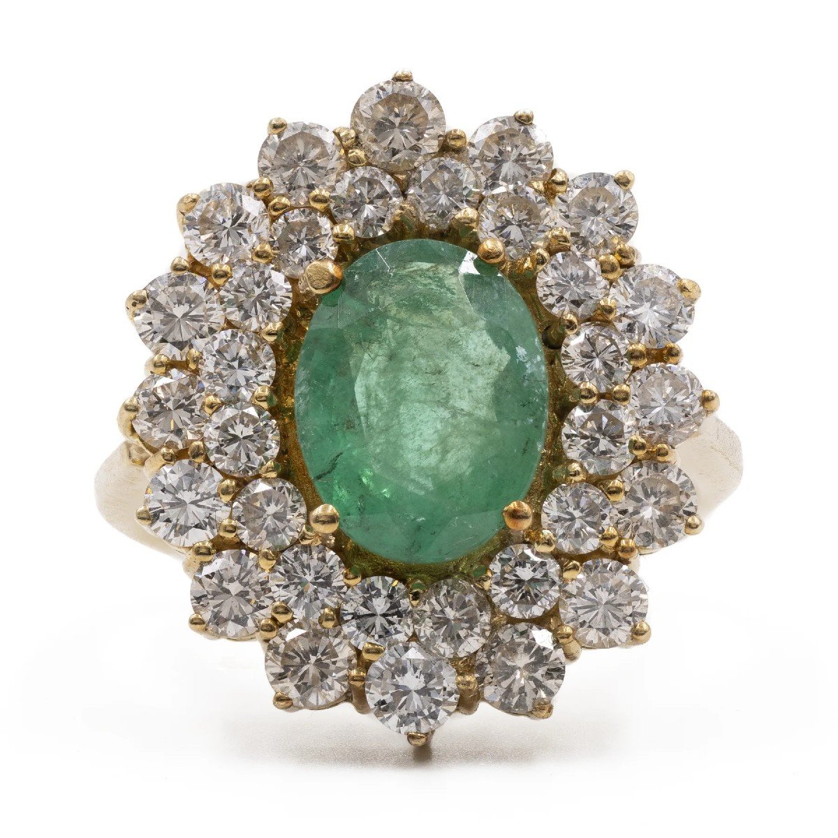 Vintage 18k Yellow Gold Daisy Ring With Emerald (2ct) And Diamonds (1.92ctw), 60s