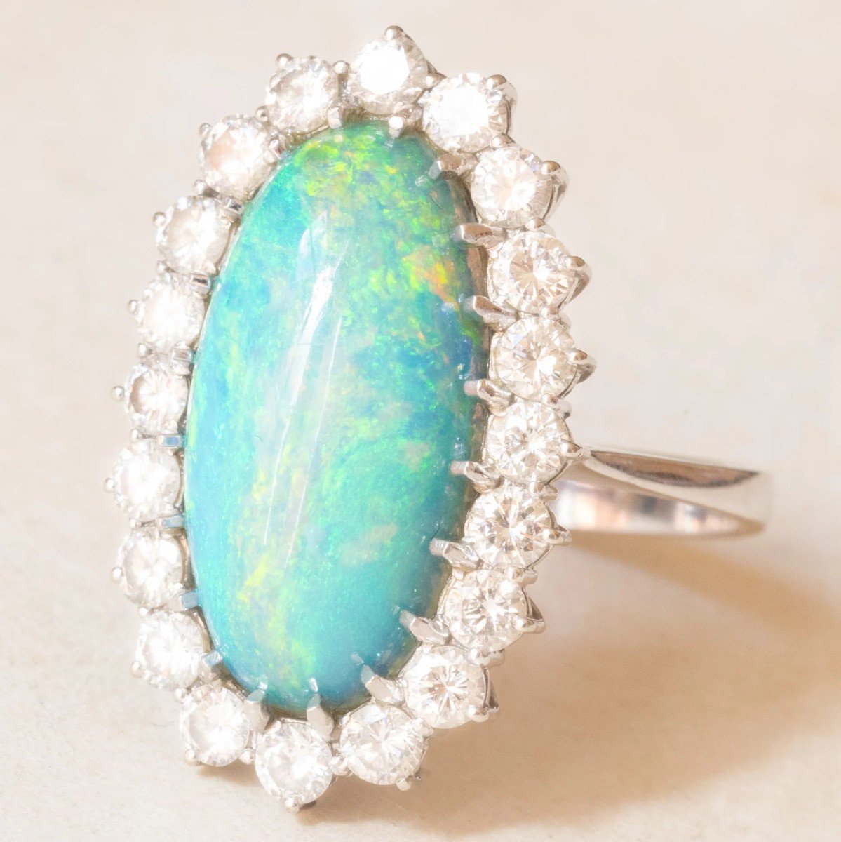 Vintage 18k White Gold Daisy Ring With Doublet Opal And Brilliant Cut Diamonds