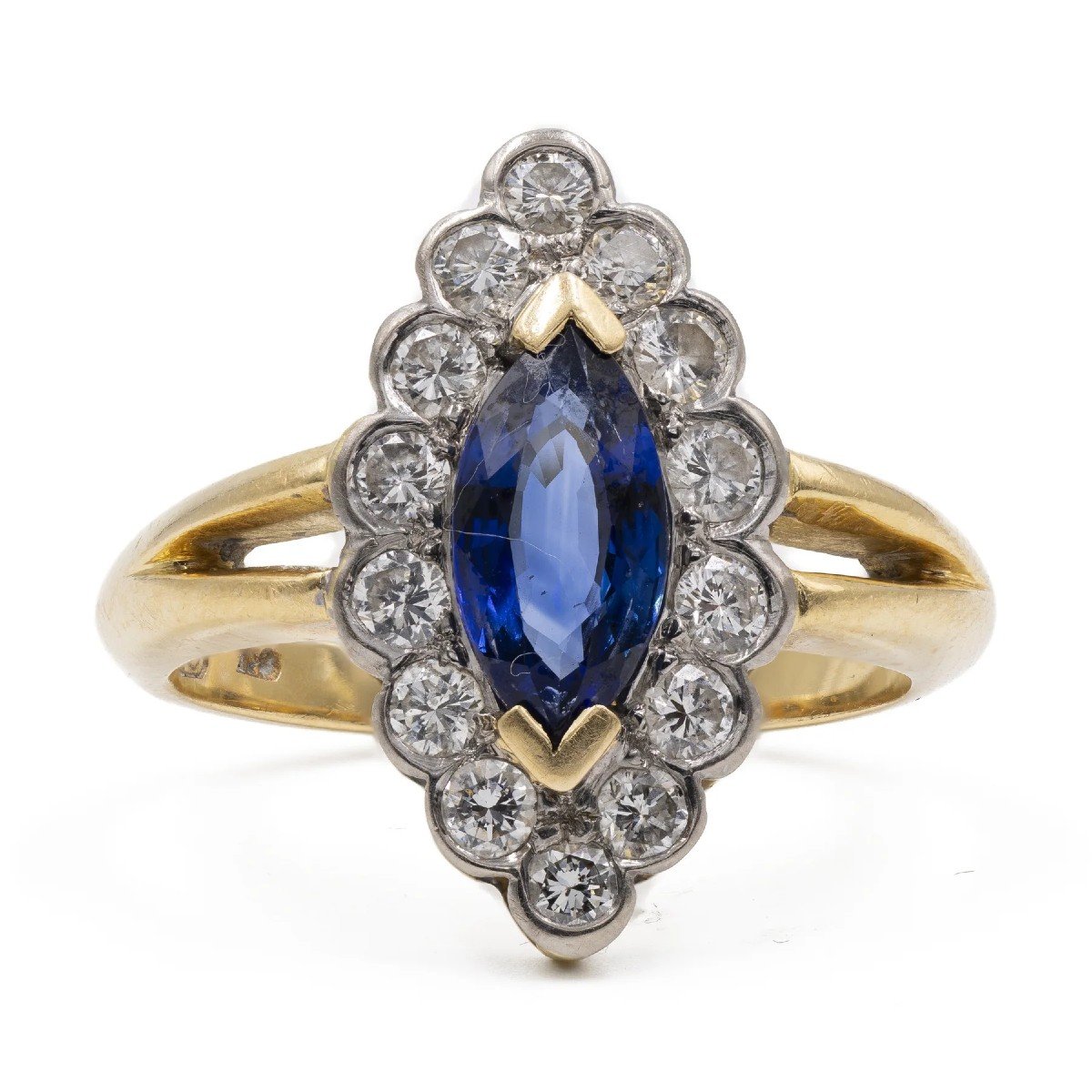 Vintage 18k Yellow Gold Navette Ring With Sapphire (1.25ct  And Diamonds (0.70ctw )