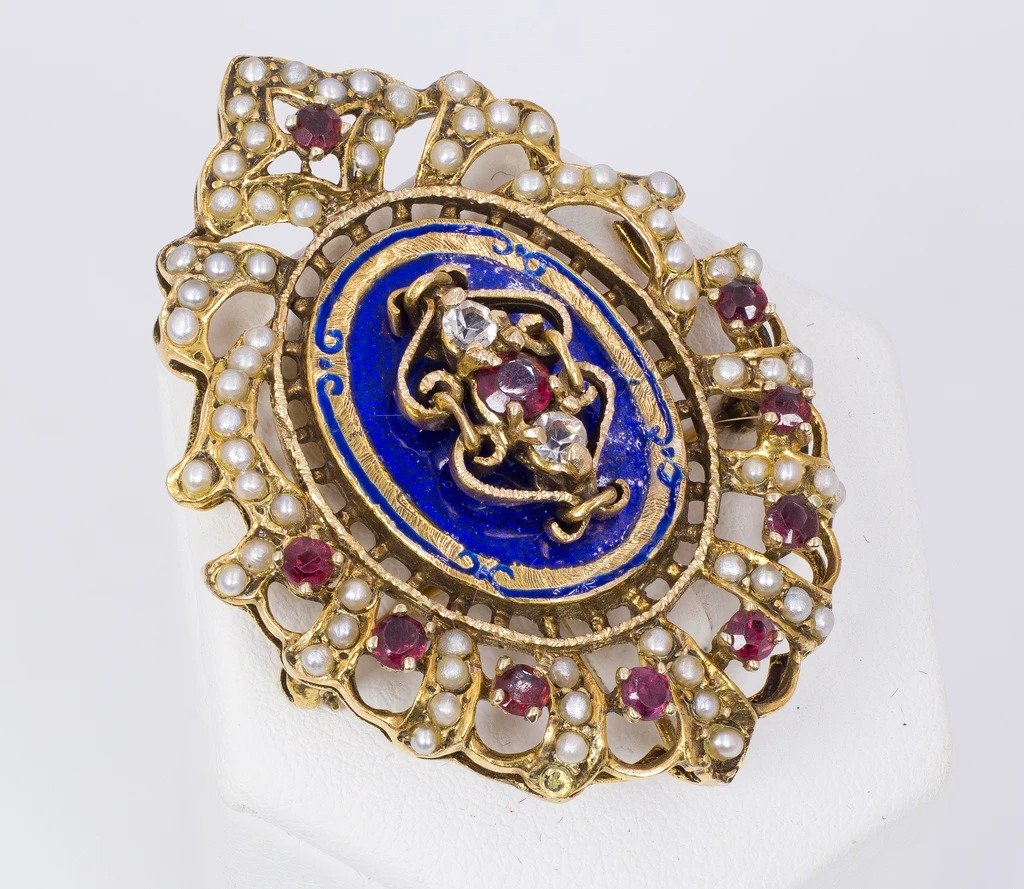 Vintage 18k Gold Brooch With Enamel, Glass Paste And Pearls-photo-2