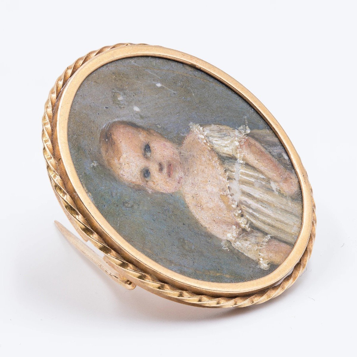 Old Gold Brooch With Child Miniature, Mid XIX Century-photo-3