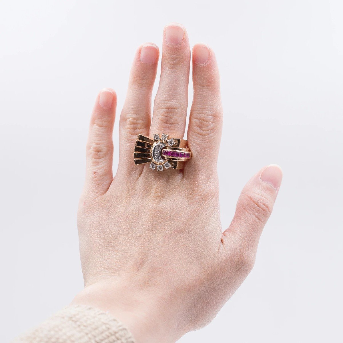 18k Gold Ring With Diamonds And Square Rubies, 1940s-photo-4