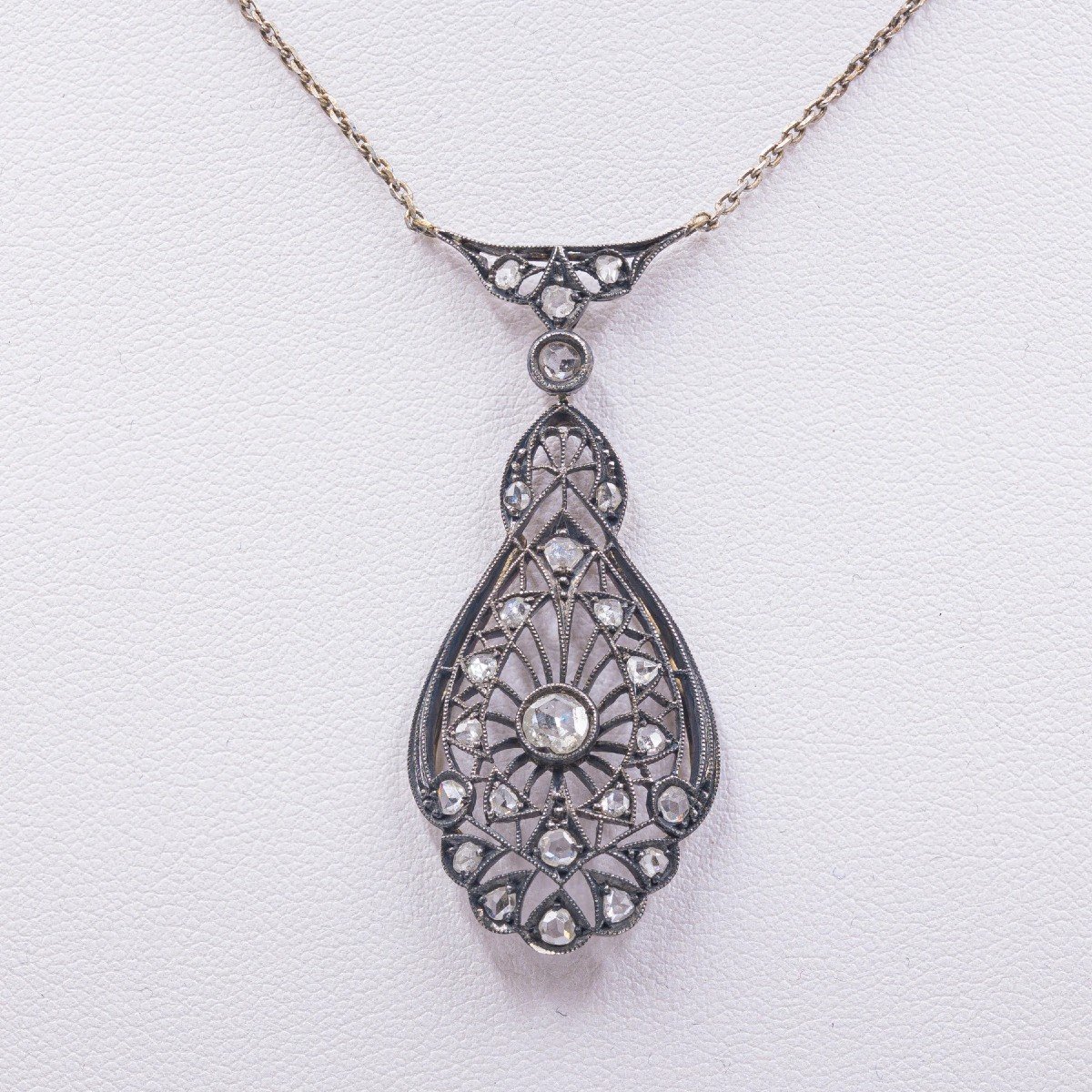 Art Nouveau Necklace In Gold And Silver With Rose Cut Diamonds, Years 10/20-photo-3