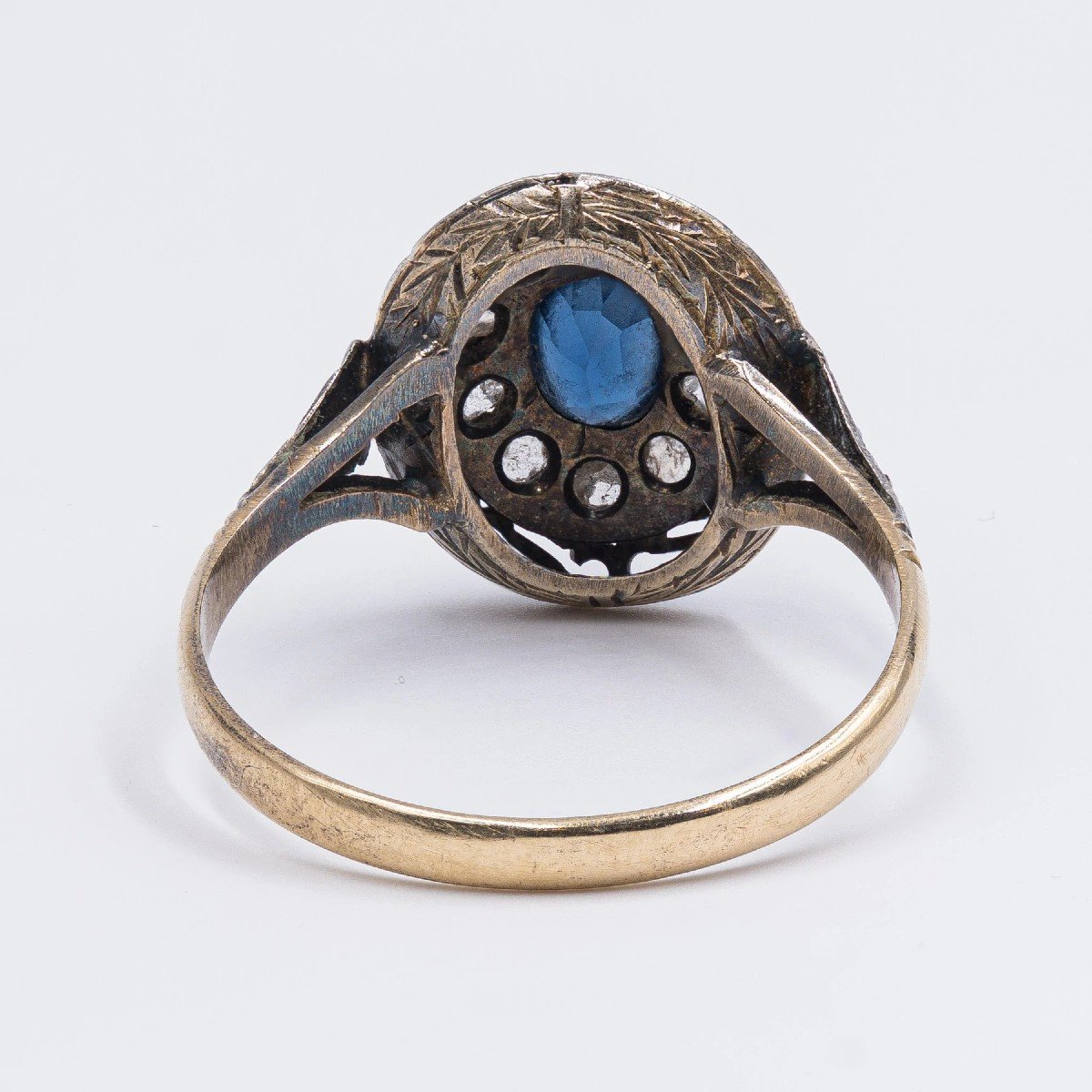 Old Ring In 18k Gold And Silver, With Rose Cut Diamond And Sapphire-photo-2