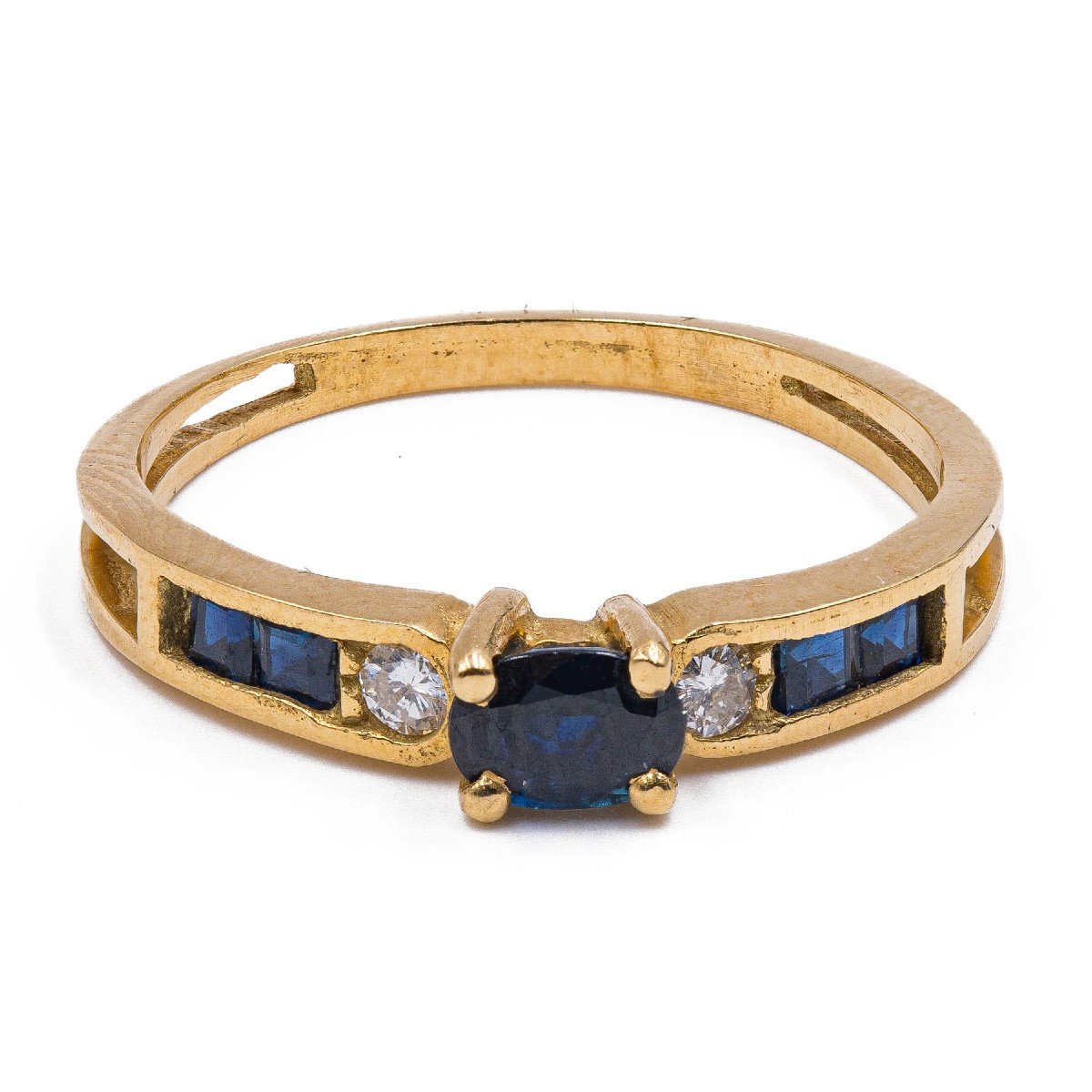 Vintage Ring In 18k Yellow Gold With Sapphires And Diamonds (0.10 Ct)