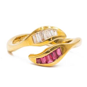 Bague Vintage En Or Jaune 18 Carats Avec Diamants Et Rubis, Années 70