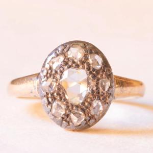 Bague Marguerite Ancienne En Or Jaune 14 Carats Et Argent Avec Diamants Taille Rosette 