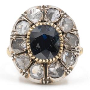 Bague Marguerite De Style Ancien En Or Jaune 18 Carats Et Argent Avec Saphir Et Diamants 