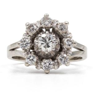 Bague Fleur Vintage En Or Blanc 18 Carats Et Platine Avec Diamants (0,72 Ct), Années 40/50