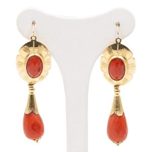 Boucles d'Oreilles Vintage En Or Jaune 18 Carats Et Corail, 50