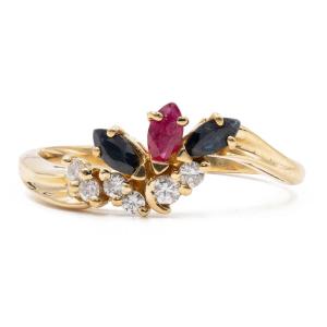 Vintage Ring In 18k Yellow Gold With Sapphires, Rubies And Diamonds (0,10ct). 70's