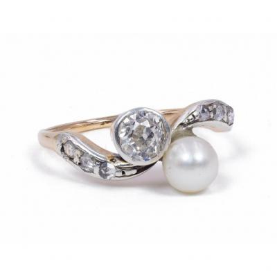 Vintage Ring In 18k Gold And Silver With Diamond And Pearl 1940