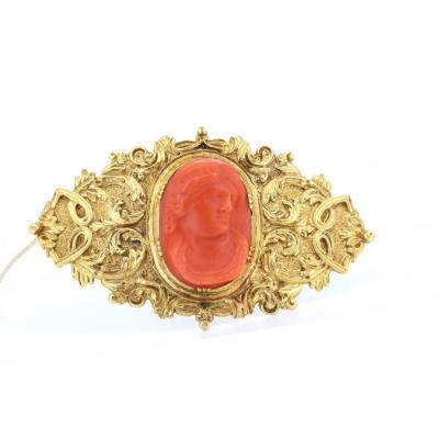 Broche / Pendentif Antique En Or 18k Et Corail, DÉbut Des AnnÉes 900