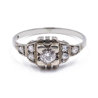 Antique 18k White Gold Ring With Central Diamond (0.20 Ct), 40s