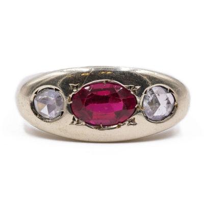 Men's 14k Gold Ring With Ruby And Rose Cut Diamonds