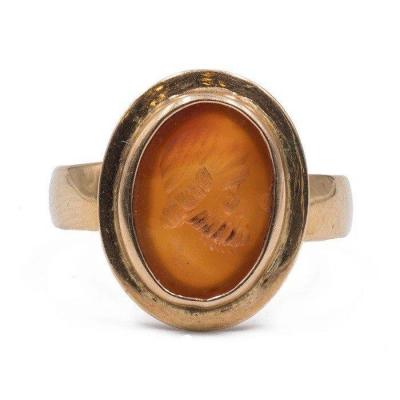 Vitage Ring In 18k Yellow Gold With Engraved Carnelian, 1950s