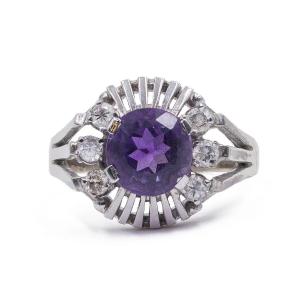 Vintage 14k White Gold Ring With Amethyst (2 Ct) And Diamonds (0.30 Ct), 1960s