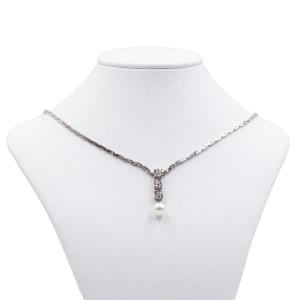 Vintage 14 Kt White Gold Necklace With 3 Diamonds (0.15 Ct) And Pearl, 1980s