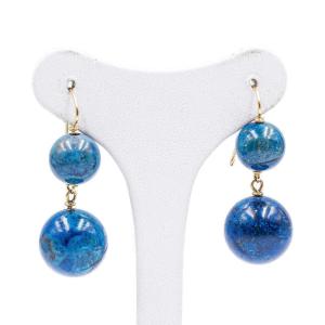 Boucles d'Oreilles Vintage En Or Jaune 18k Et Sphères Lapis, Annes 70