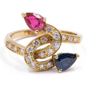 Bague Vintage En Or 18 K  Avec Saphir (0.50 Ct), Rubis (0.40 Ct) Et Diamants (0.30 Ct