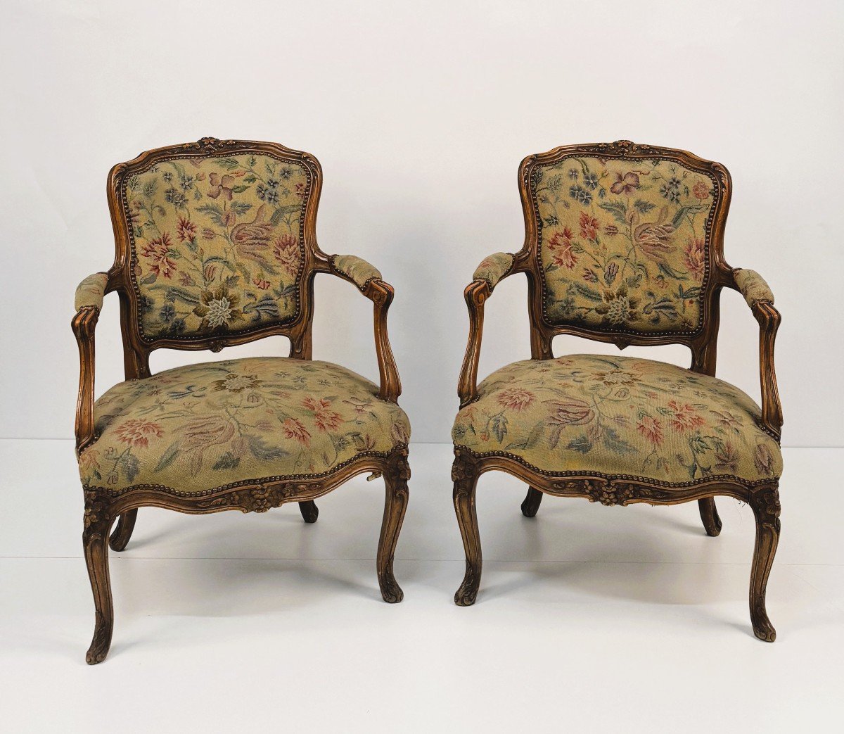 Pair Of Walnut Armchairs Louis XV Style 20th Century