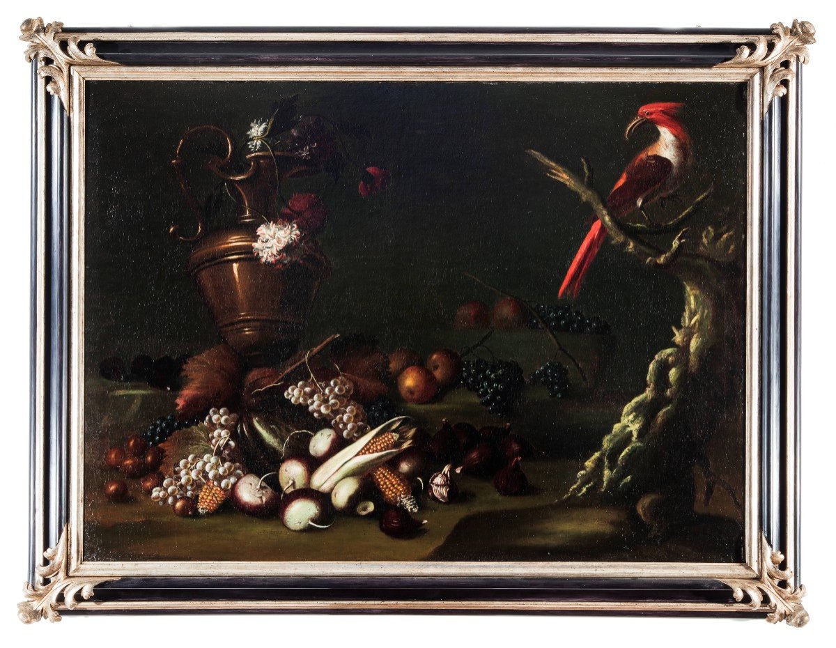 Carlo Antonio Crespi  Nature Morte Aux Fruits, Une Amphore Et Un Perroquet