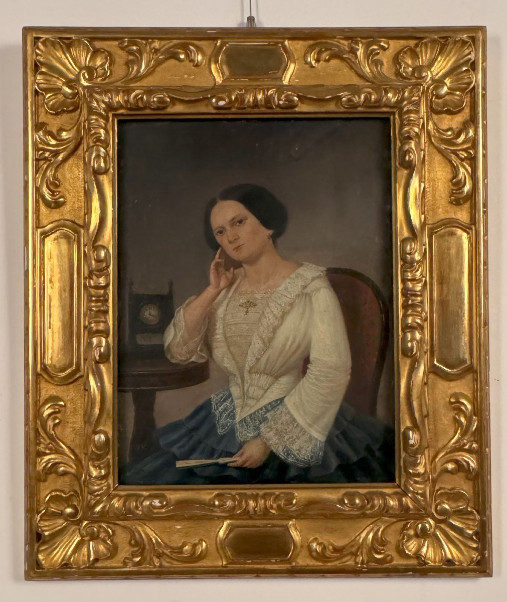 Anonymous, 19th Century, "portrait Of A Lady At A Table With A Fan"