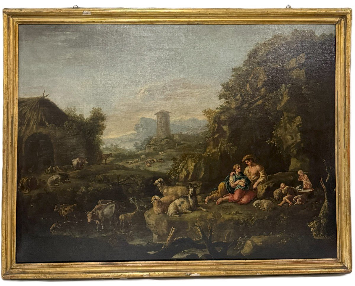 Giuseppe Tassoni (1653 -1737) "landscape With Herds And A Family Of Shepherds",