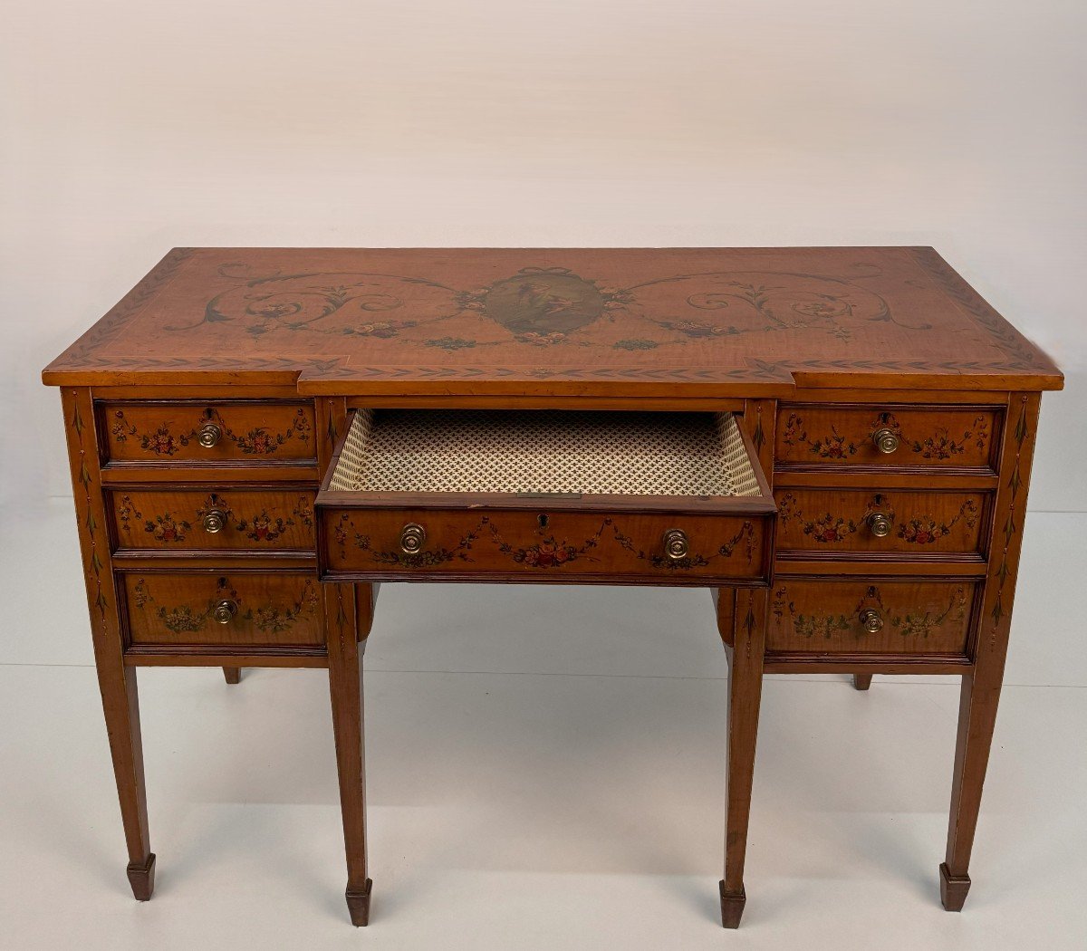 Satinwood Desk Painted In Polychrome, England, 19th Century-photo-3