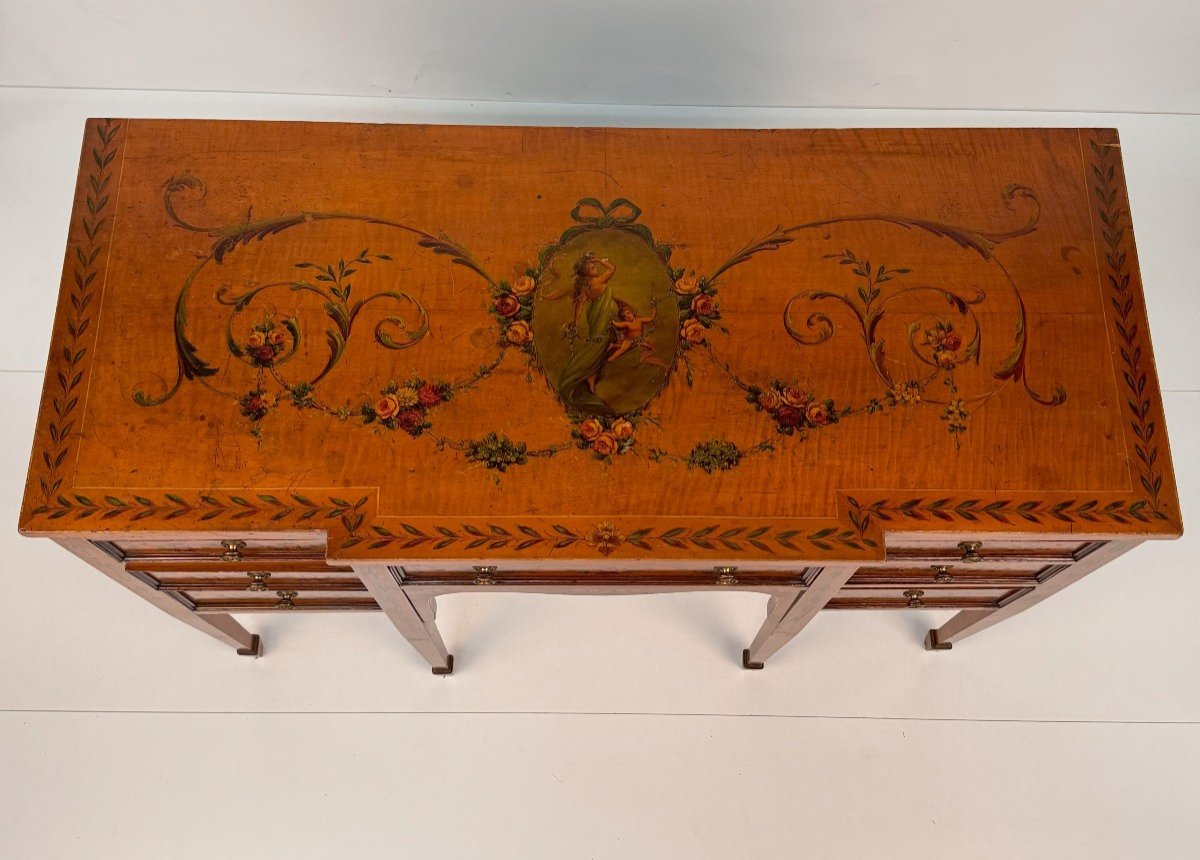 Satinwood Desk Painted In Polychrome, England, 19th Century-photo-2