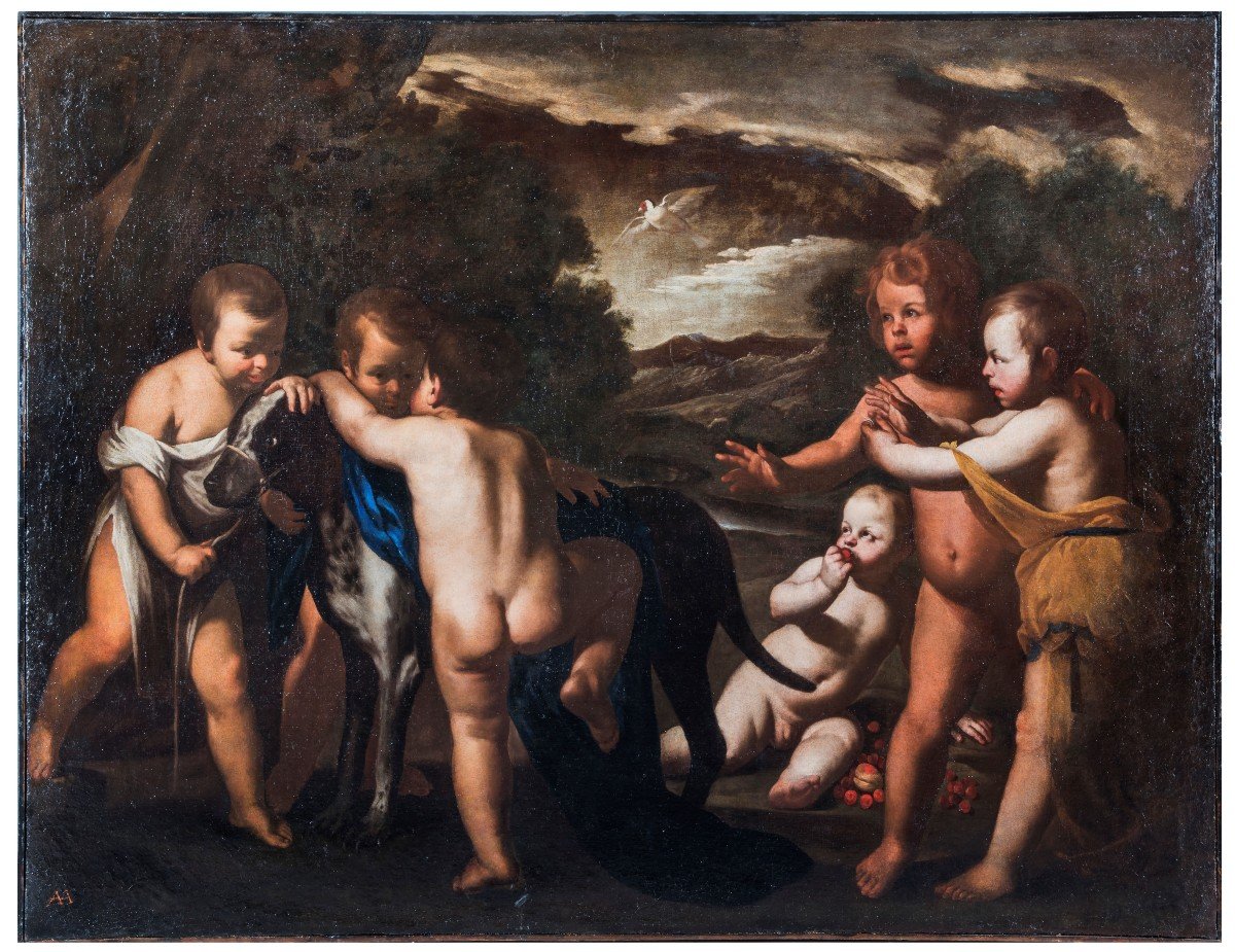 Stanzione - Recco "six Children Play With A Great Dane And A Goldfinch, En Plein Air"