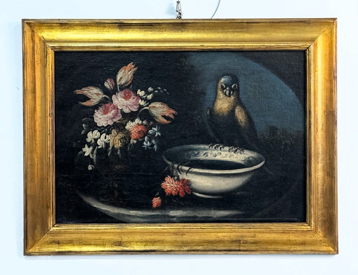 Felice Rubbiani  Attributed Vase Of Flowers And Parrot - Vase Of Flowers And Hen-photo-3