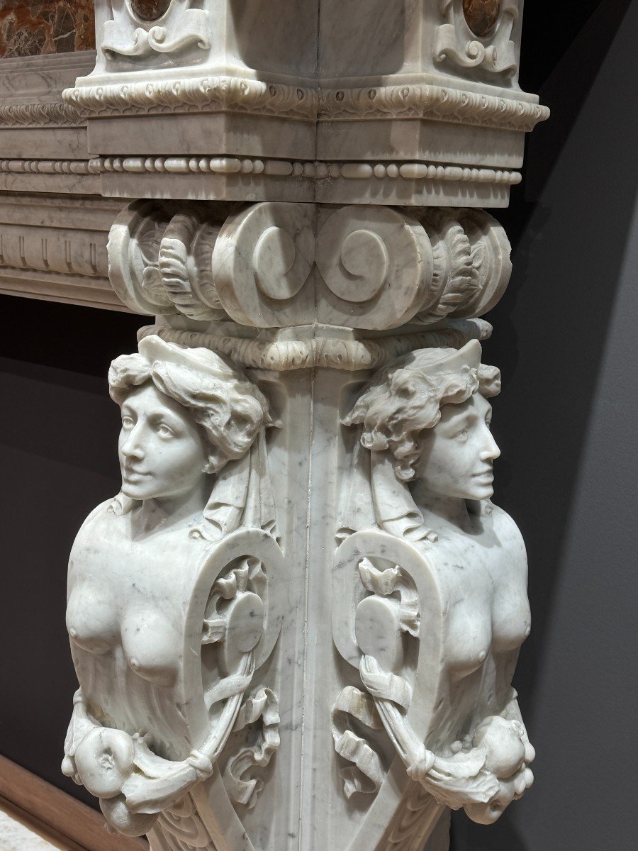 Fireplace Carved In White Marble And Breccia Inserts, Second Half Of The 19th Century-photo-2