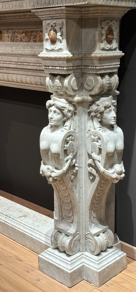 Fireplace Carved In White Marble And Breccia Inserts, Second Half Of The 19th Century-photo-3