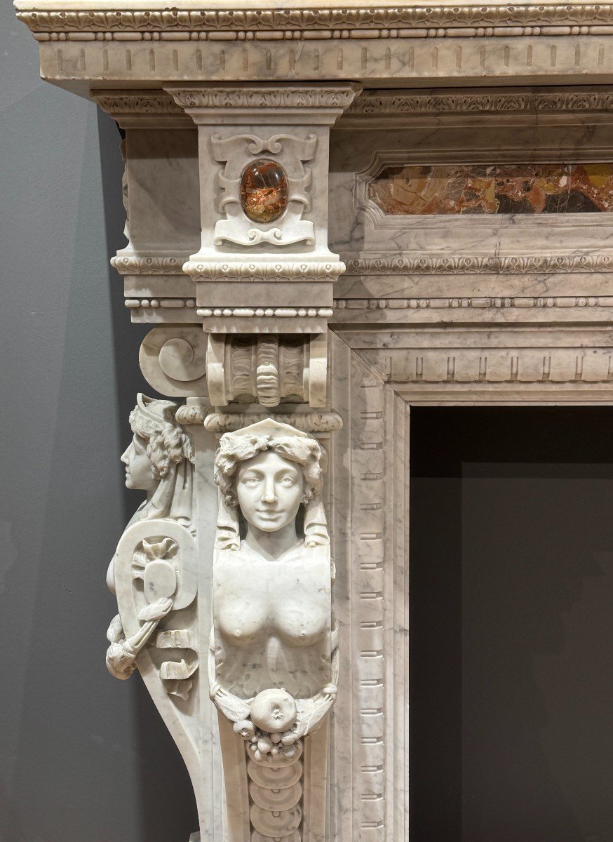 Fireplace Carved In White Marble And Breccia Inserts, Second Half Of The 19th Century-photo-4