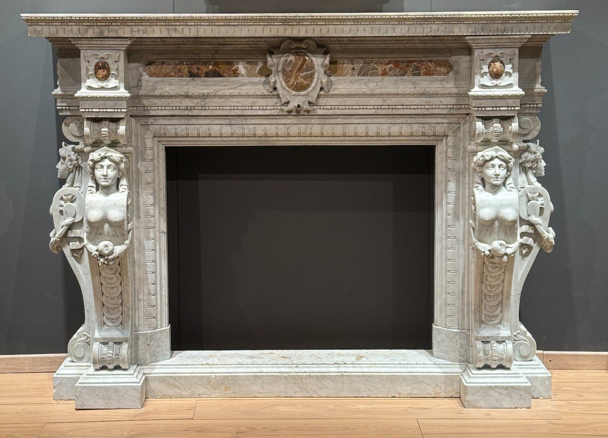 Fireplace Carved In White Marble And Breccia Inserts, Second Half Of The 19th Century