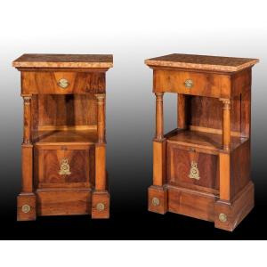 Pair Of Walnut Veneered Bedside Tables In Empire Style