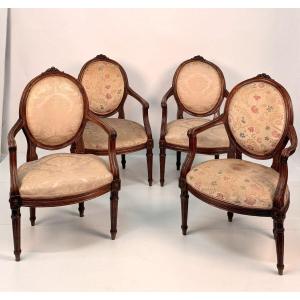 Set Of Four Walnut Armchairs, Piedmont, Late 18th Century