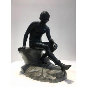 Neoclassical Sculptor Hermes At Rest  Bronze Sculpture On Gray Marble Base