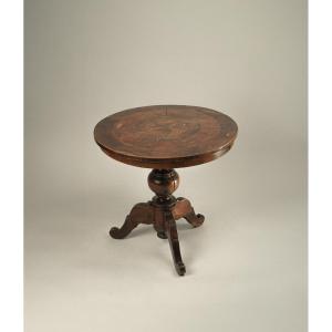 Small Table Veneered And Inlaid In Different Woods, 20th Century