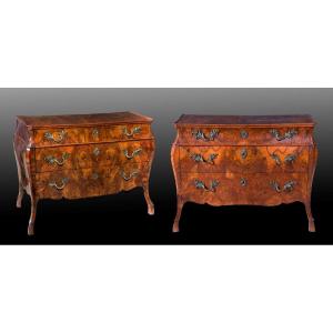 Pair Of Chests Of Drawers Veneered In Walnut, Lombardy, Second Half Of The 18th Century