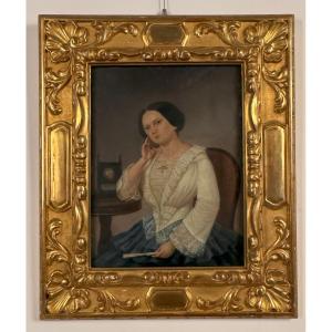 Anonymous, 19th Century, "portrait Of A Lady At A Table With A Fan"