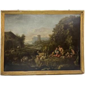 Giuseppe Tassoni (1653 -1737) "landscape With Herds And A Family Of Shepherds",