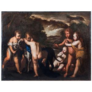 Stanzione - Recco "six Children Play With A Great Dane And A Goldfinch, En Plein Air"