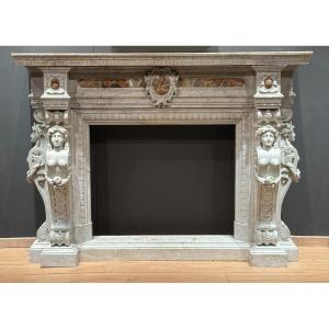 Fireplace Carved In White Marble And Breccia Inserts, Second Half Of The 19th Century