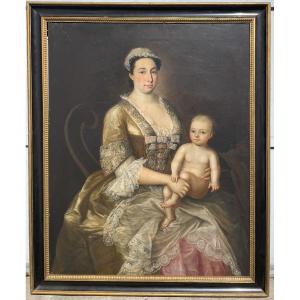 18th Century Painter "portrait Of A Lady With Child"